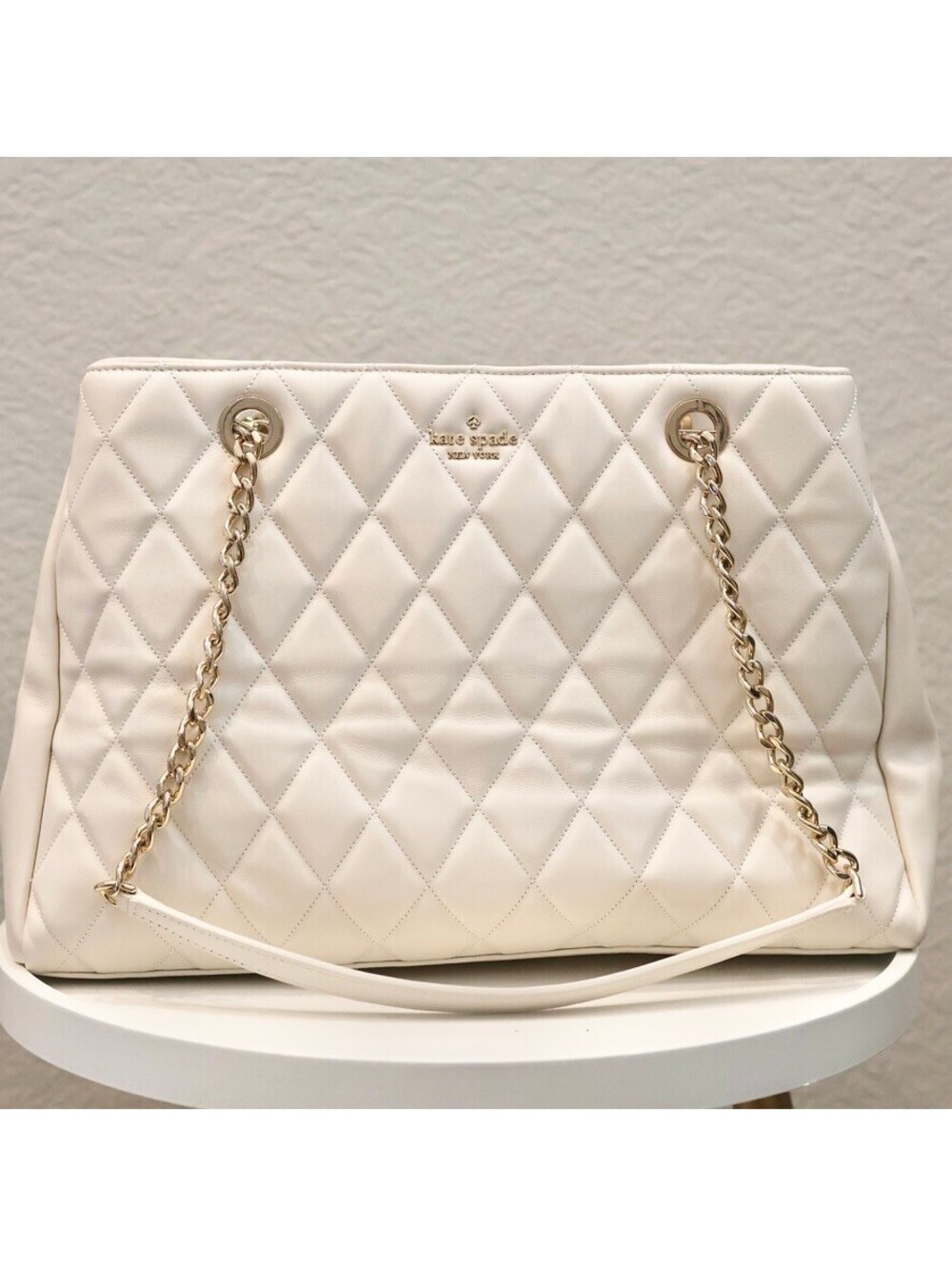 Kate Spade Carey Quilted Leather Tote Cream Gold Excellent